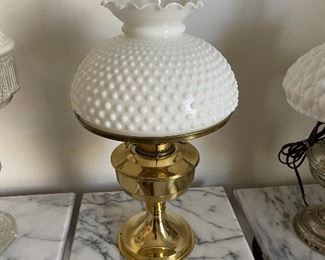 Brass Aladdin lamp with Fenton hobnail shade
