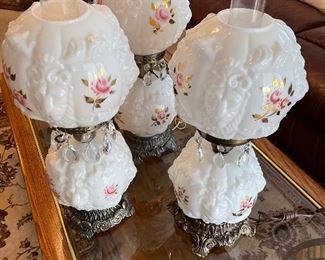 3 matching Fenton GWTW style lamps with gold leaf rose leaves.