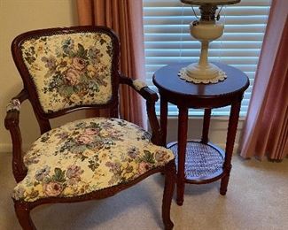 French occasional chair, lamp and lamp table