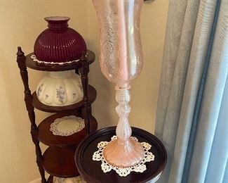 Hand painted shades, plant stand, Fenton candle stick