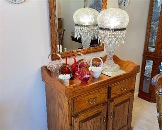 oak dry sink with mirror, bohemian cut glass lamp