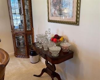 mahogany game table, oak corner curio