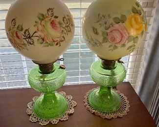 pair of green crystal beehive Aladdin lamps with hand painted globe shades