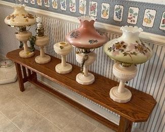 Lincoln drape Aladdin Lamps, oak bench