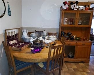 Antique Dining   Room Table, Sideboard china set colored glass mickey mouse