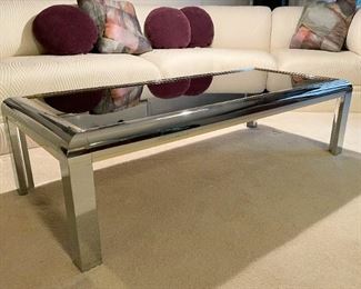 Vintage Chrome Cocktail / Coffee Table with Brass Banded Detail & Smoked Glass (Photo 1 of 2)
