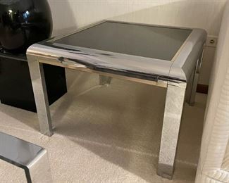 Vintage Chrome End Table with Brass Banded Detail & Smoked Glass (Photo 1 of 2)