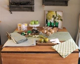 Large drop leaf table, shutter shelves, linens and more.