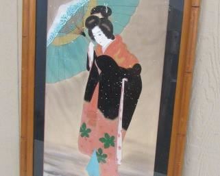 Geisha Girl Painted on Silk Picture