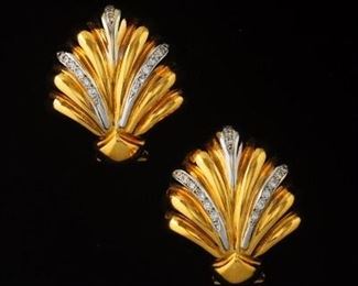  Pair of Gold and Diamond Shell Earrings 