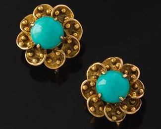  Pair of Gold and Turquoise Cabochon Earrings 