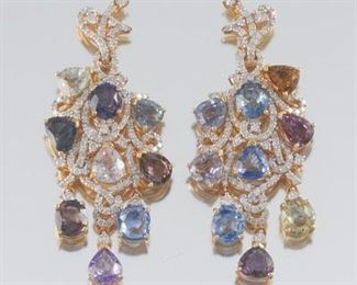  Pair of Multicolor Sapphire and Diamond Earrings, AIGL and GIA Report 