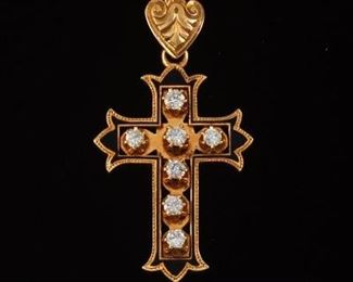  Vintage Gold, Diamond and Enamel Gothic Style Cross