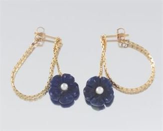 A Pair of Carved Lapis and Pearl Earrings 