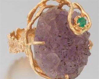 Amethyst Crystal and Emerald Ring 