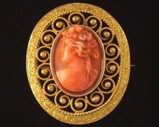 Antique Coral Cameo in Gold Filled Frame 