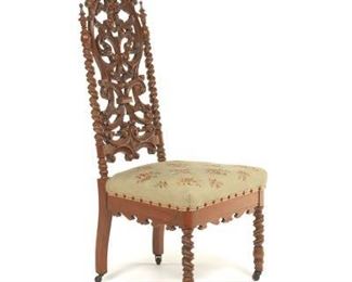 Antique Foyer Chair with Embroidery Upholstery and Carved High Back, ca. 19th Century