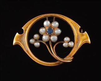 Antique Gold, Pearl, and Sapphire Brooch