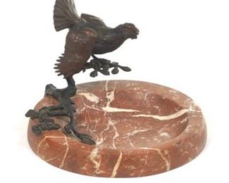 Antique Patinated Bronze and Rouge Marble VidePoche with Sculpture of Black Grouse, ca. 19th Century 