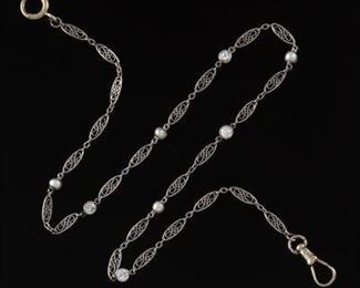 Art Deco 18k Gold, Diamond and Pearl Watch Chain 