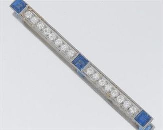 Art Deco Platinum, Gold, Blue Sapphire and Diamond Bar Pin 