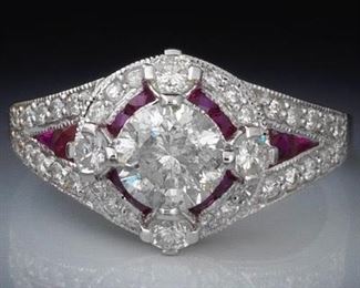 Art Deco Style 1.05 ct Center and Ruby Ring 
