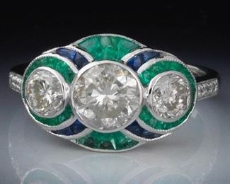 Art Deco Style Diamond, Sapphire, and Emerald Ring 