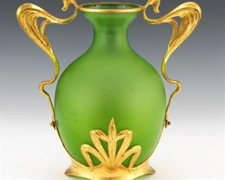 Art Nouveau Emerald Green Glass Vase with Gilt Metal Mounts