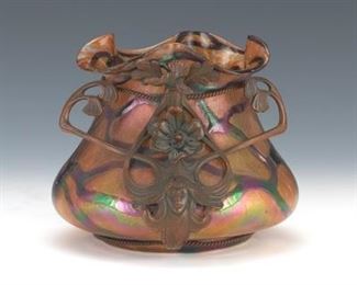 Art Nouveau Loetz Oil Spot Bronze Mounted Vase