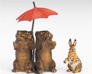 Austrian Cold Painted Bronze and Metal Wolves Under Umbrella and Rabbit Grouping 
