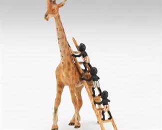 Austrian Cold Painted Bronze Miniature of Giraffe with Three Nubian Children Grouping
