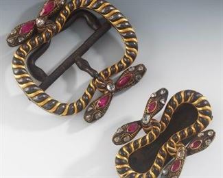 Belt Buckle and Slide Set With Gold Inlay and Gemstones 