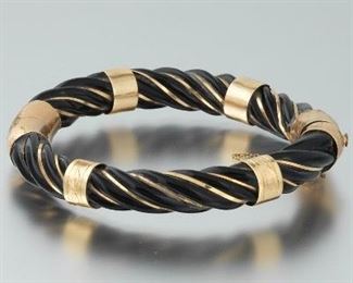 Black Onyx and Gold Twist Design Hinged Bangle Bracelet 