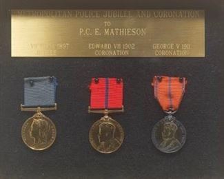 British Empire VictoriaEdward VIIGeorge V Metropolitan Police Jubilee and Coronation Medals, Framed 