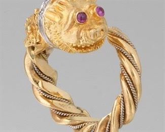 Byzantine Style Gold, Diamond and Ruby Dragon Head Spiral Ring 