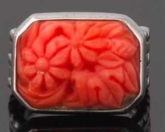 Carved Coral and Sterling Silver Ring 