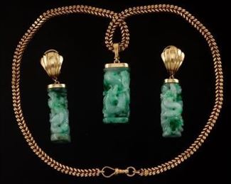 Carved Jade and Gold Earrings and Necklace Set 