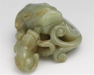 Carved Jade Ornament of Two Recumbent Dogs 
