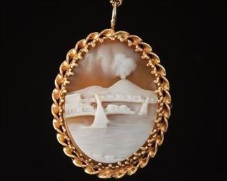 Carved Shell Landscape Cameo on Chain Necklace 
