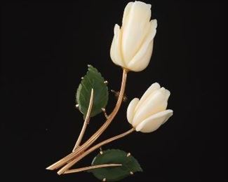 Carved White Coral and Jade Brooch 