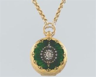 Charles Oudin 18k Gold, Diamond and Guilloche Enamel Pocket Watch on Fancy Gold Chain Necklace, ca. 1862 