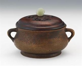 Chinese Bronze Censer with Carved Wood Lid and Jadeite Finial 