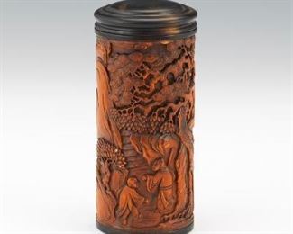 Chinese Carved Huanyang Boxwood and Faux Amber Scroll Cylindrical Box