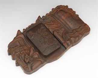 Chinese Carved Rosewood Inkwell Stone Standish 