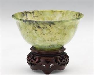 Chinese Carved Serpentine Libation Cup, on Carved Wood Stand 