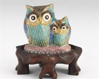 Chinese Cloisonne Enameled Owl and Baby Owl Cabinet Sculpture, on Carved Wood Stand 