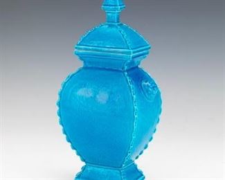 Chinese Incised Porcelain with Monochrome Turquoise Blue Glaze Ming Style Vase with Lid, HongZhi Apocryphal Marks