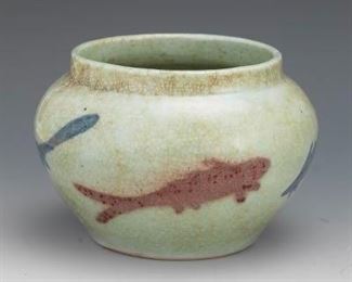 Chinese Junyao Blue and Copper Red Fish Motif Jar, Yuan Dynasty Style