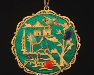 Chinese Malachite, Gold and Jade Pendant 