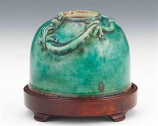 Chinese Porcelain Glazed Beehive Water Pot on Wood Stand 